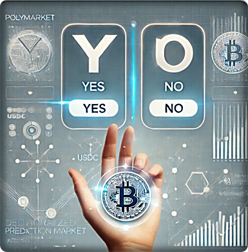폴리마켓 YES NO 선택 인터페이스와 USDC 코인, 블록체인 예측시장 시각화